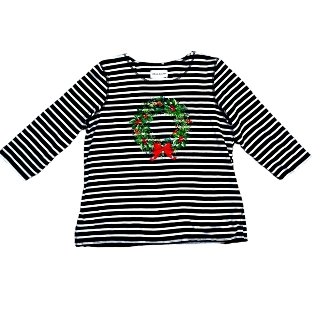 Alfred Dunner B/W Striped Christmas Wreath Tee - Picture 1 of 7